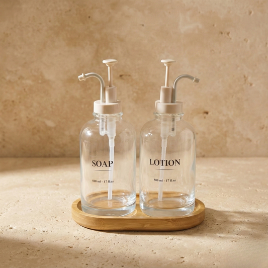 Arow Angel Model Yuvarlak Bambu Oval Standlı İkili Sıvı Sabunluk Seti Krem KOD:1016