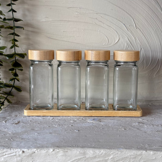 Folly Bambu Standlı 4 Lü Cam Baharatlık Seti KOD:KT-103