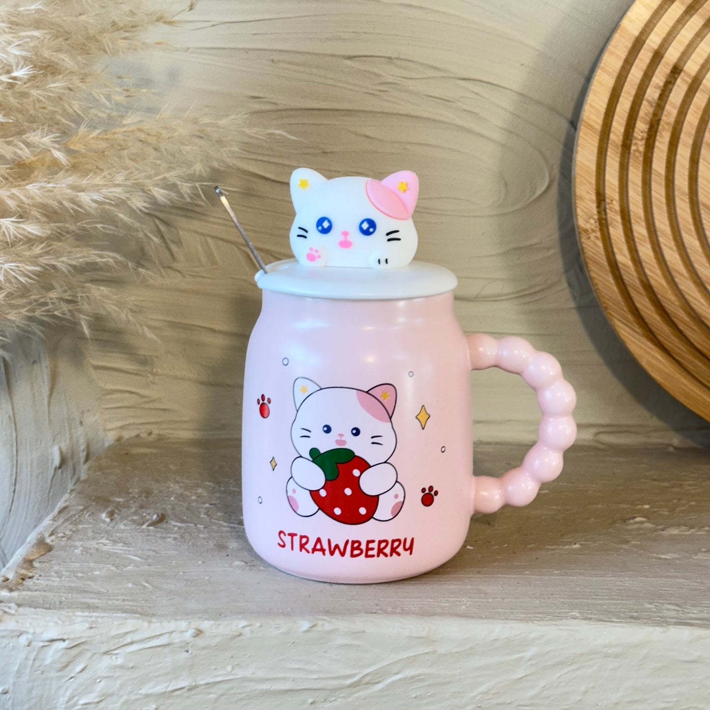 Tutku Strawberry Kapaklı Porselen Kupa Pembe