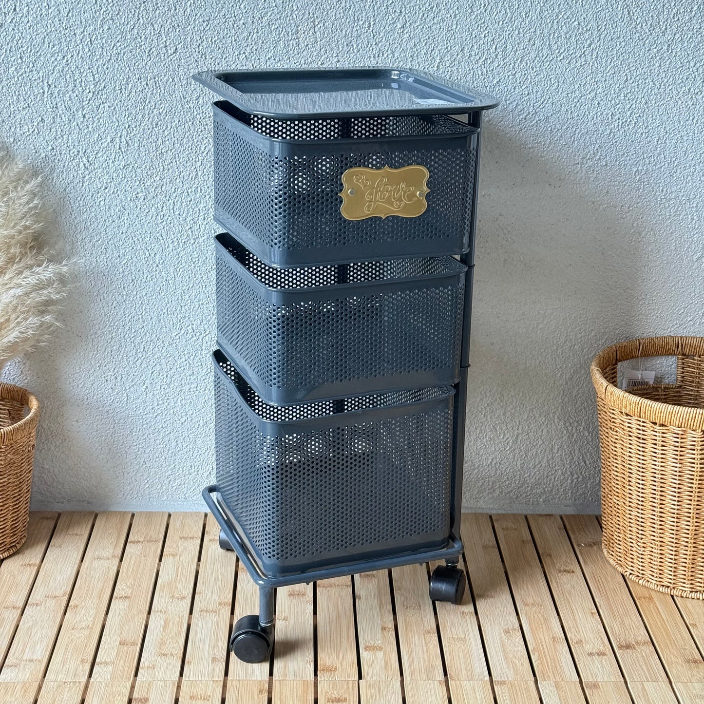 Evanev 3 Katlı Açılır Kapanır Tekerlikli Kare Ferforje Sebzelik Gri KOD:1058K