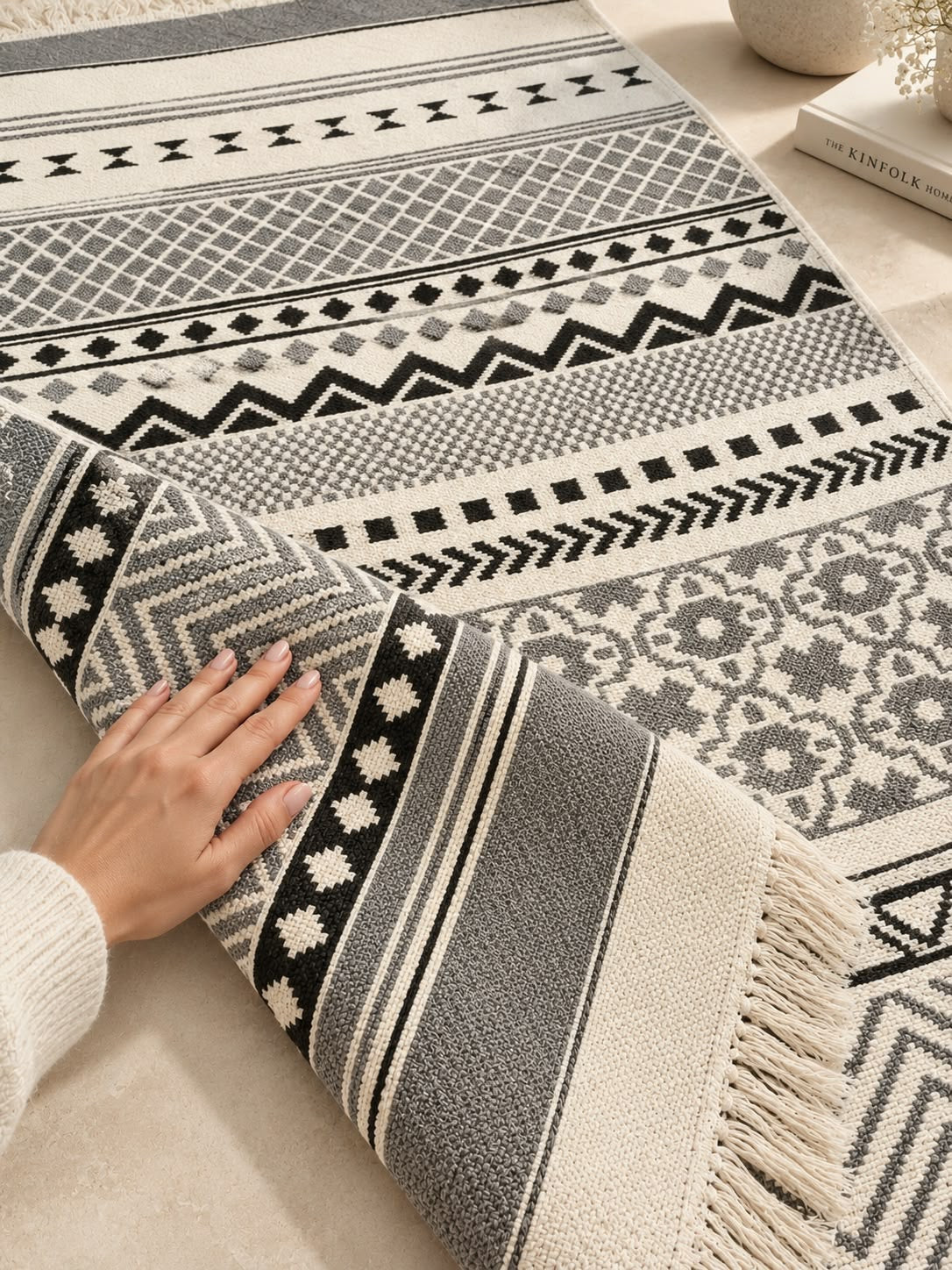 İskandinav Desenli Pamuklu Dokuma Kilim - Vizon Gri  Kilim (120x180 cm)