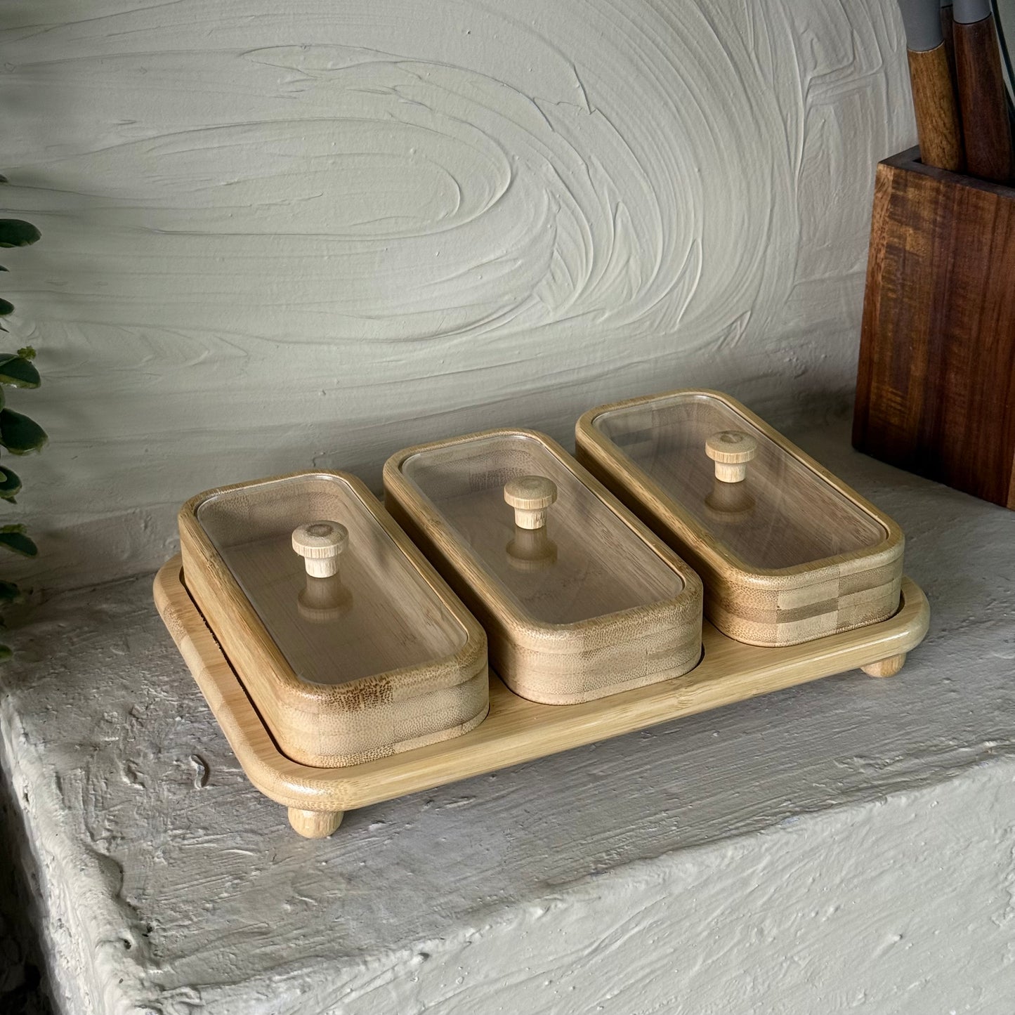 Bambu Tepsili Dikdörtgen Kapaklı 3 Lü Çerezlik Kahvaltılık Seti KOD:41216