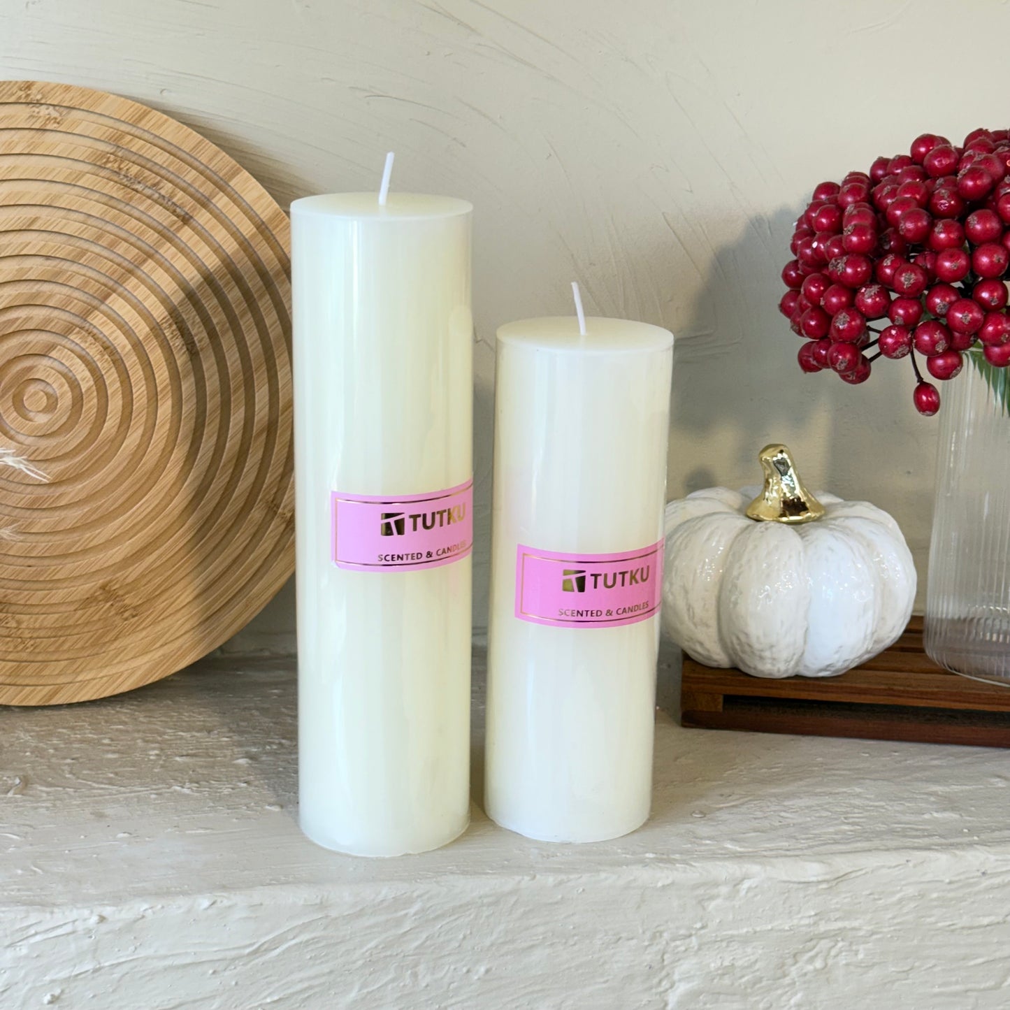 Tutku İki Boy Silindir Mum Seti Krem