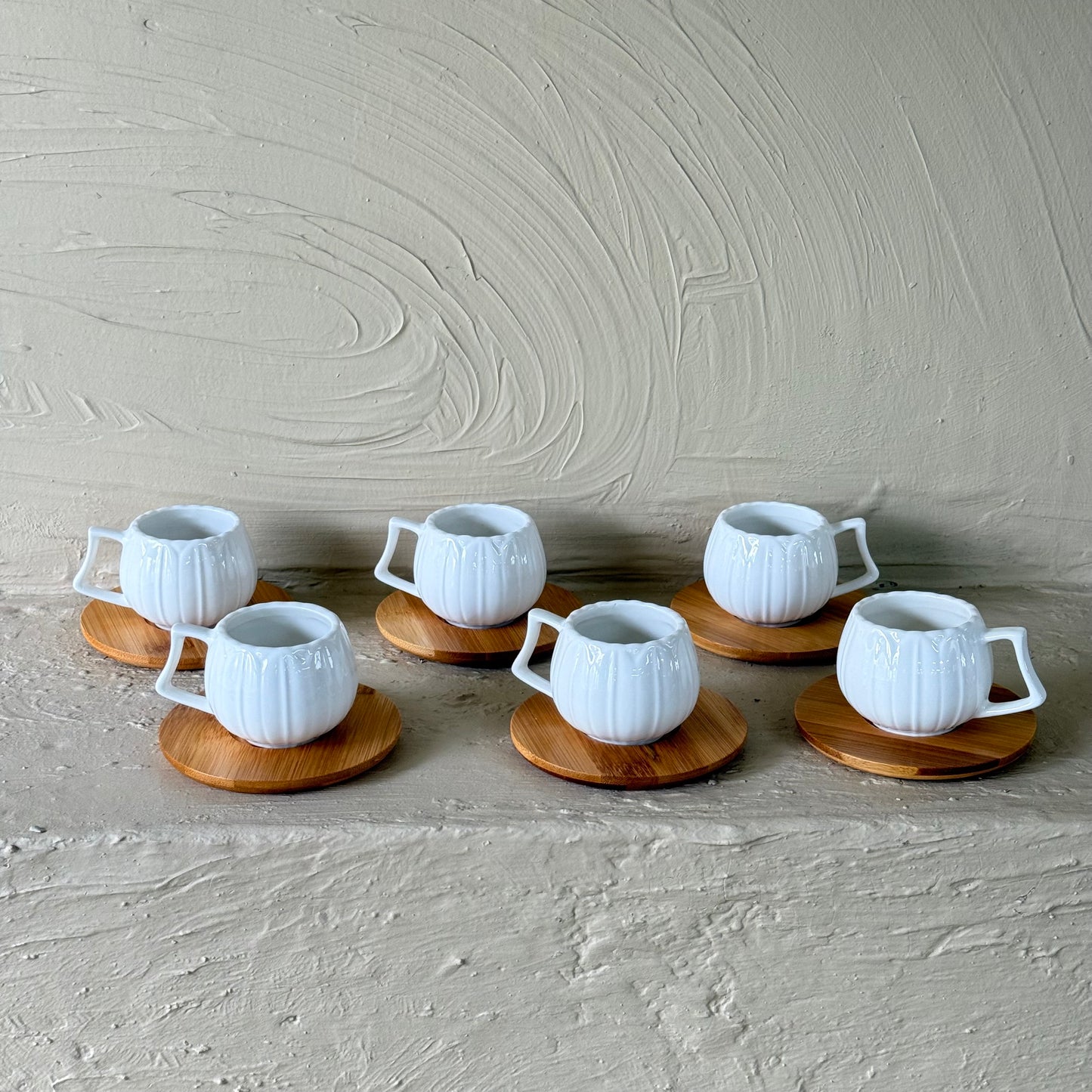 KRD Bambu Altlık Porselen Kahve Fincan Takımı Seti Tombul Model 6 Kişilik