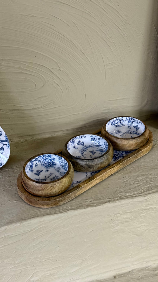 Selin Oval Standlı 3 lü Çerezlik Seti Kahvaltılık Mavi Desenli KOD:HSL-24