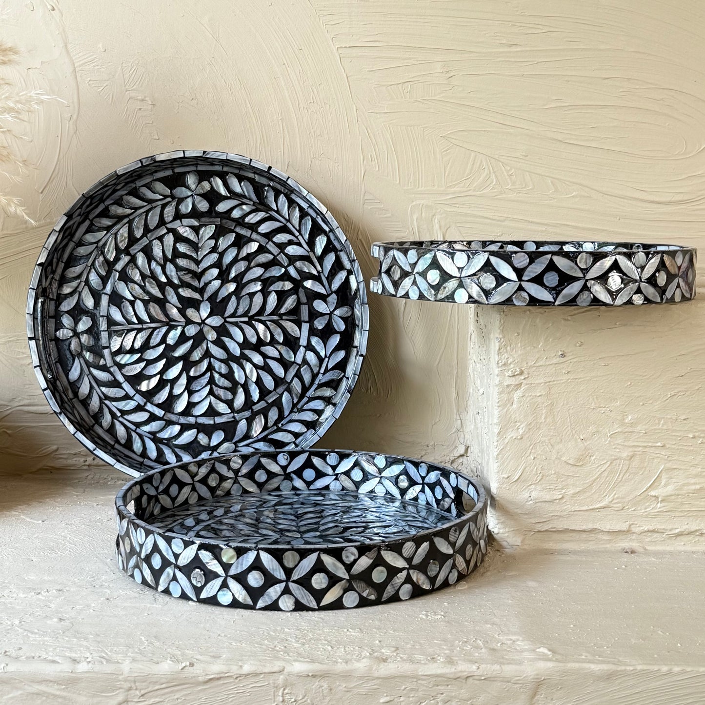 SVR Sedef 3 Lü Yuvarlak Tepsi Seti KOD:61874 Siyah