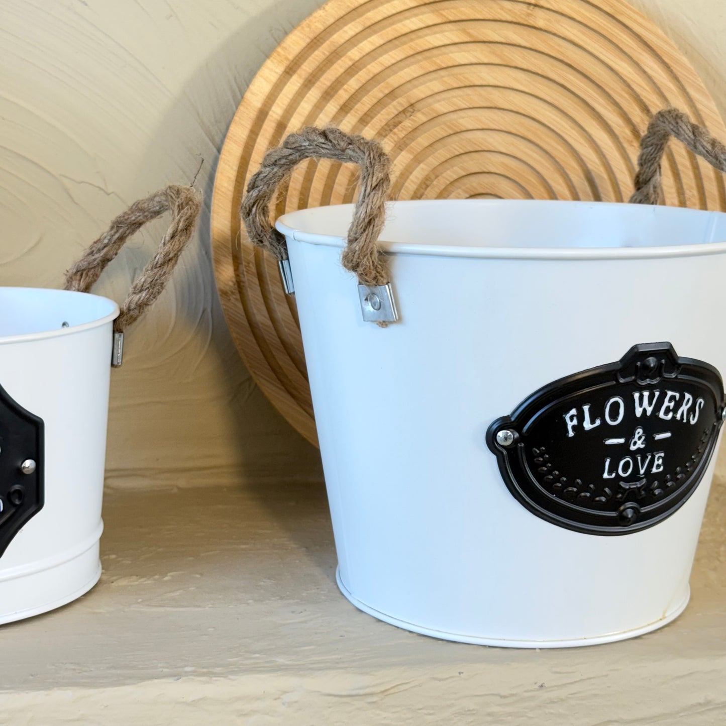 Tutku Halat Kulplu Metal İki Boy Vintage Saksı Beyaz KOD:3455-54