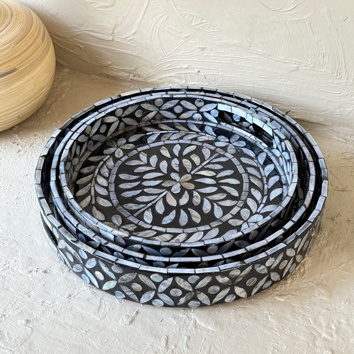 SVR Sedef 3 Lü Yuvarlak Tepsi Seti KOD:61874 Siyah