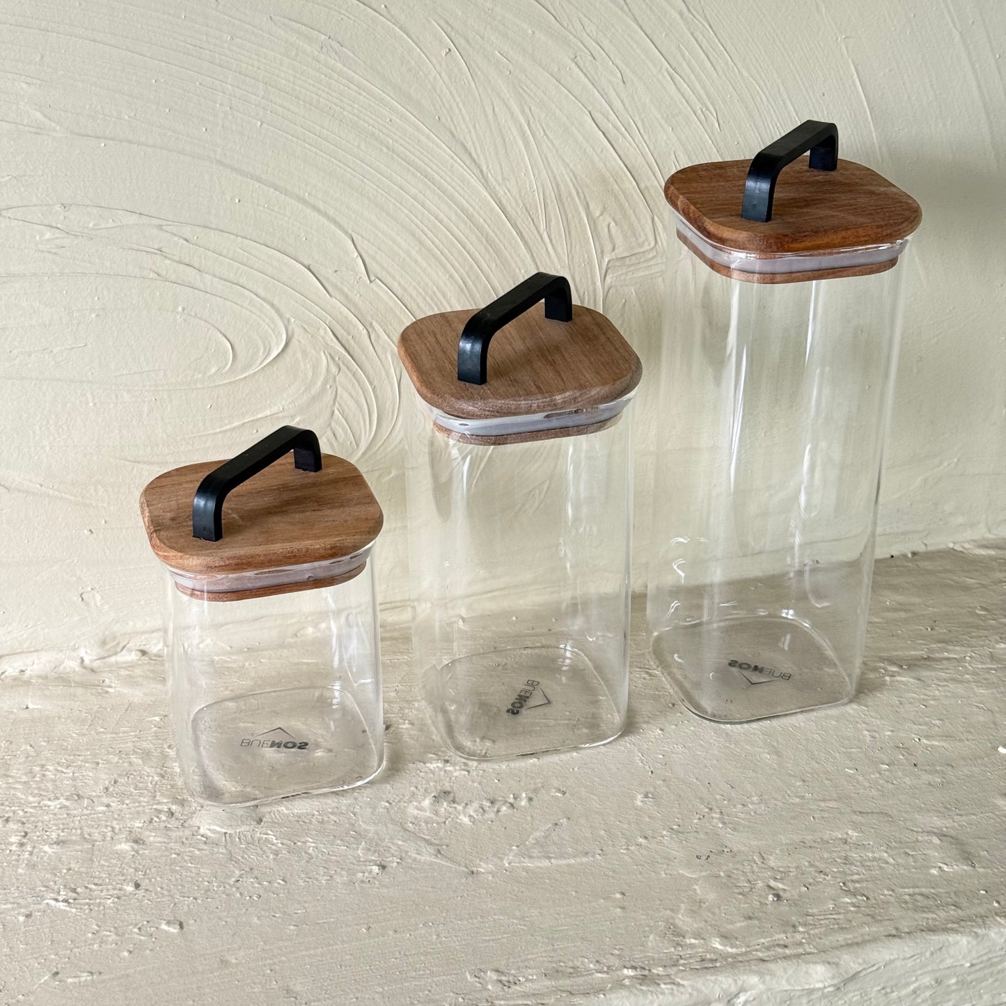 Buenos Kare Model Akasya Ağacı Kapaklı 3 Boy Erzak Kavanoz Seti