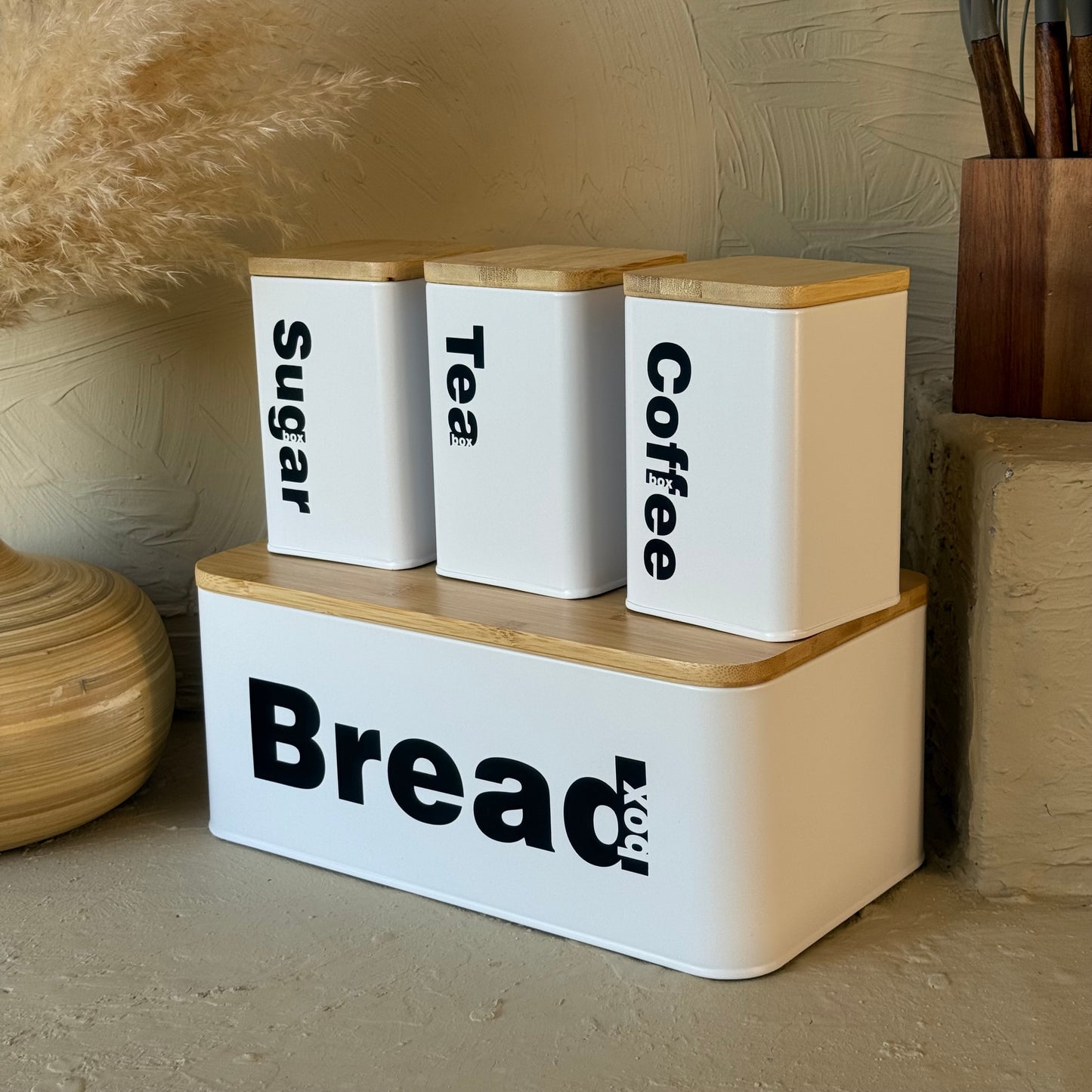 Vintage Bambu Kapaklı Ekmeklik Kavanoz Seti Beyaz KOD:345