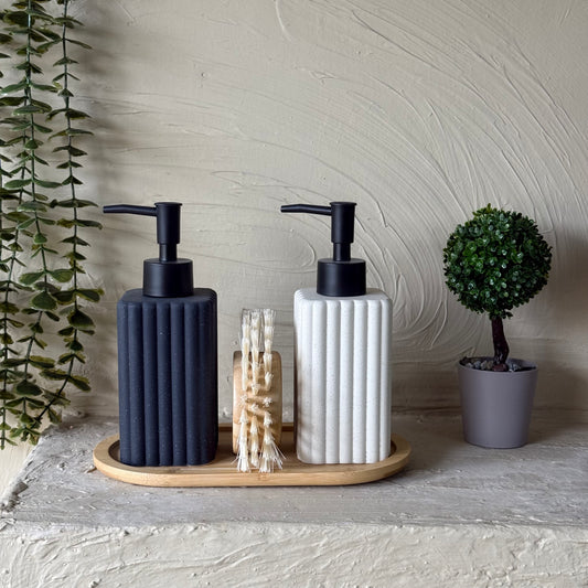 Kasandra Bambu Standlı İkili Sıvı Sabunluk Fırça Seti