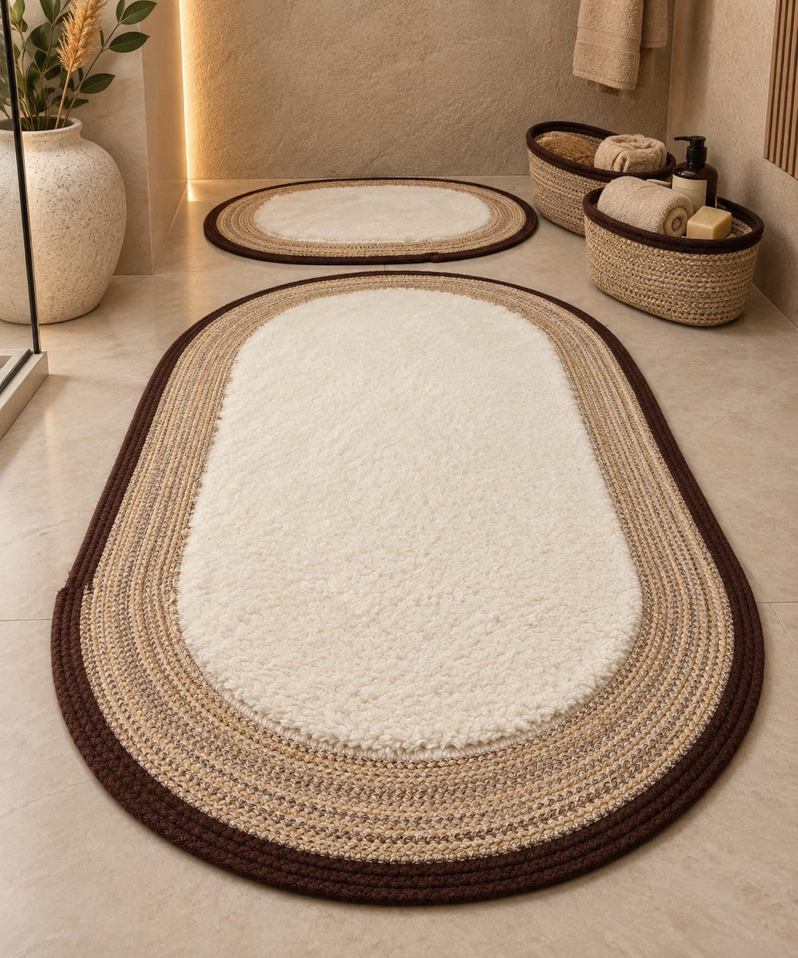 LuxeOval Kahve-Krem Peluş Banyo Paspas ve Hasır Organizer 4’lü Seti | Modern & Skandinav Tasarım