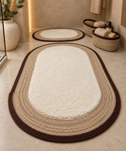 LuxeOval Kahve-Krem Peluş Banyo Paspas ve Hasır Organizer 4’lü Seti | Modern & Skandinav Tasarım