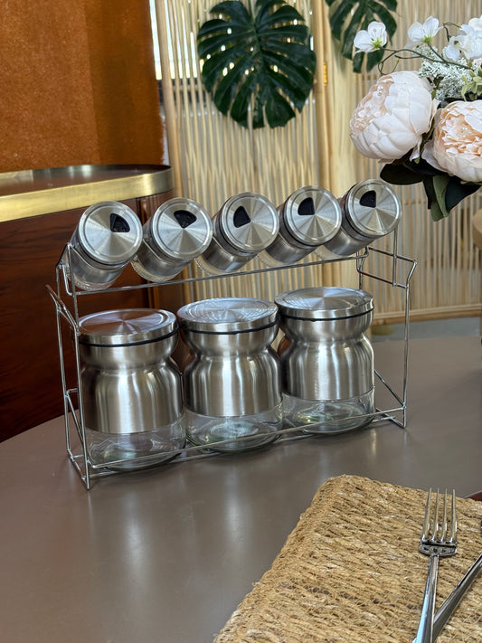 Sun Silver Metal Standlı 8 Parça Cam Baharatlık Seti KOD:13626