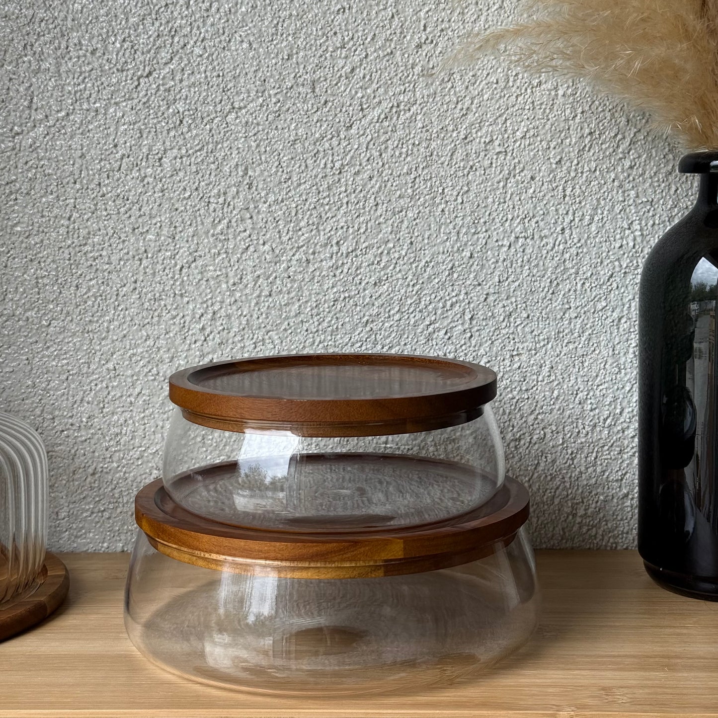 Milay İki Boy Akasya Kapaklı Cam Saklama Kabı KOD:245