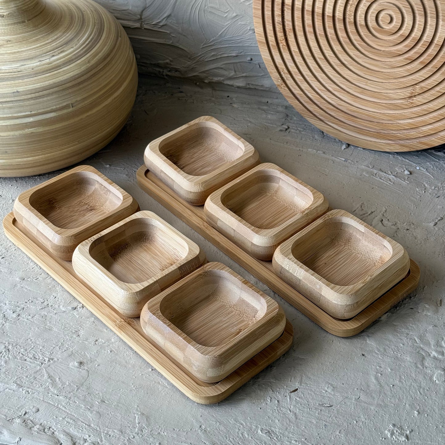 1 ALANA 1 BEDAVA Miev Bambu Standlı 3'Lü Kare Çerezlik Sosluk Seti KOD.398