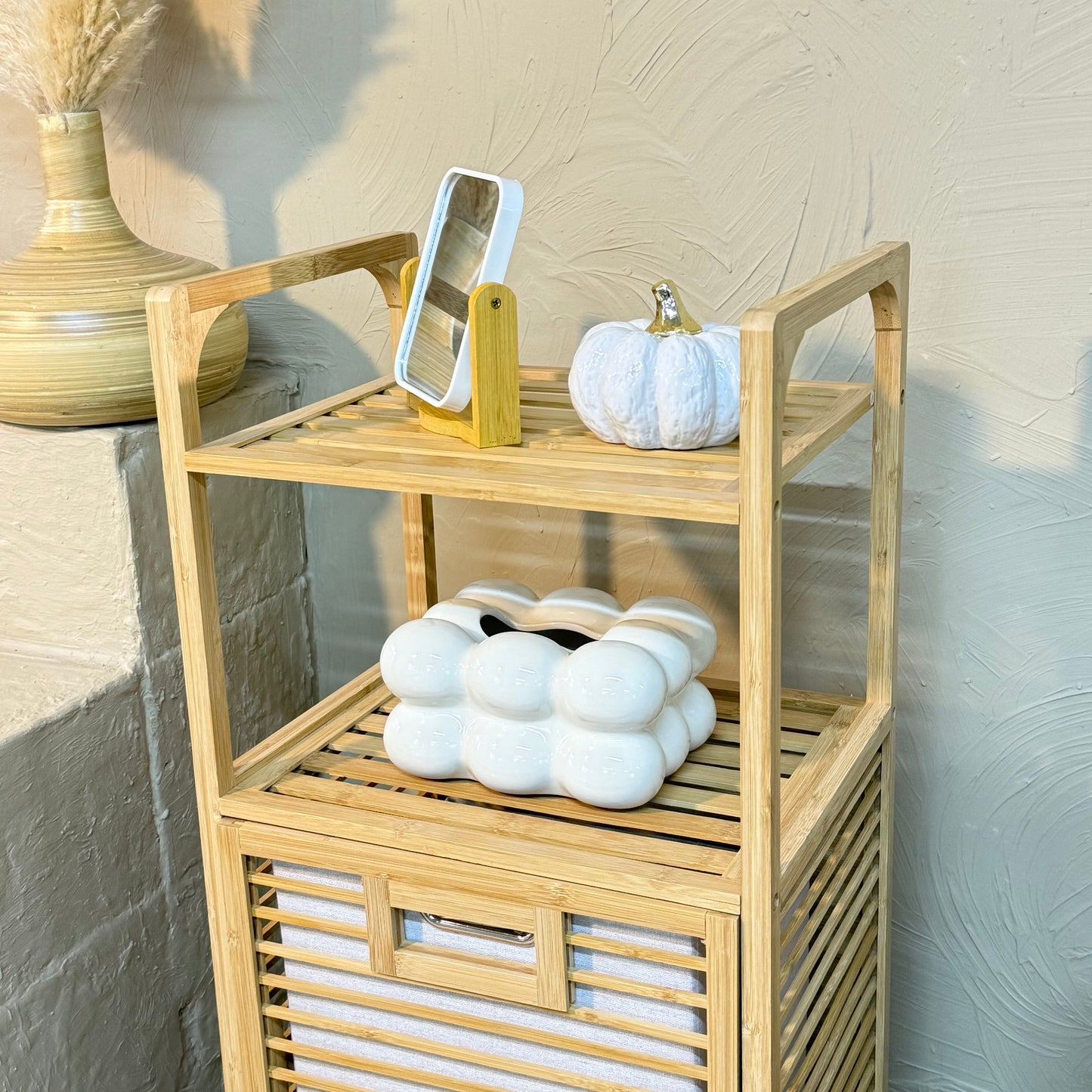 Lalezar 2 Raflı Bambu Kirli Çamaşır Sepeti Krem  KOD:8020