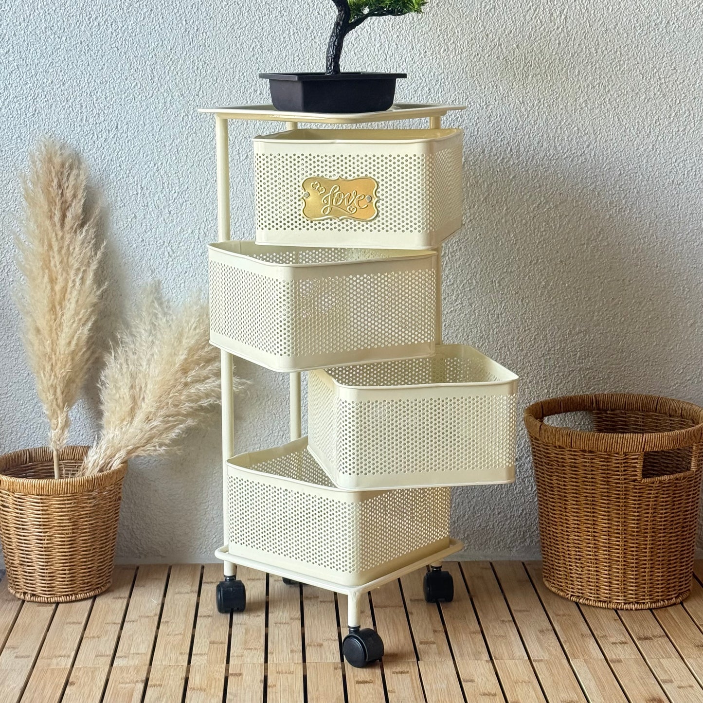 Evanev 4 Katlı Açılır Kapanır Tekerlikli Kare Ferforje Sebzelik Krem KOD:1057K