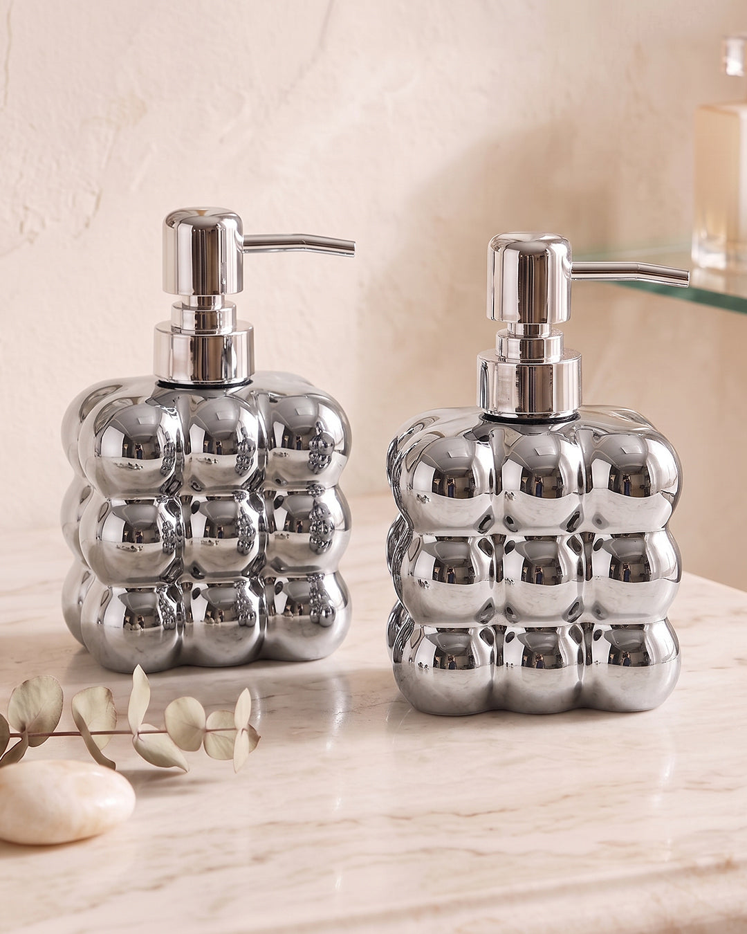 2'li Bubble Tasarım Parlak Gümş Cam Sıvı Sabunluk Seti - 300 ml Krom Başlık