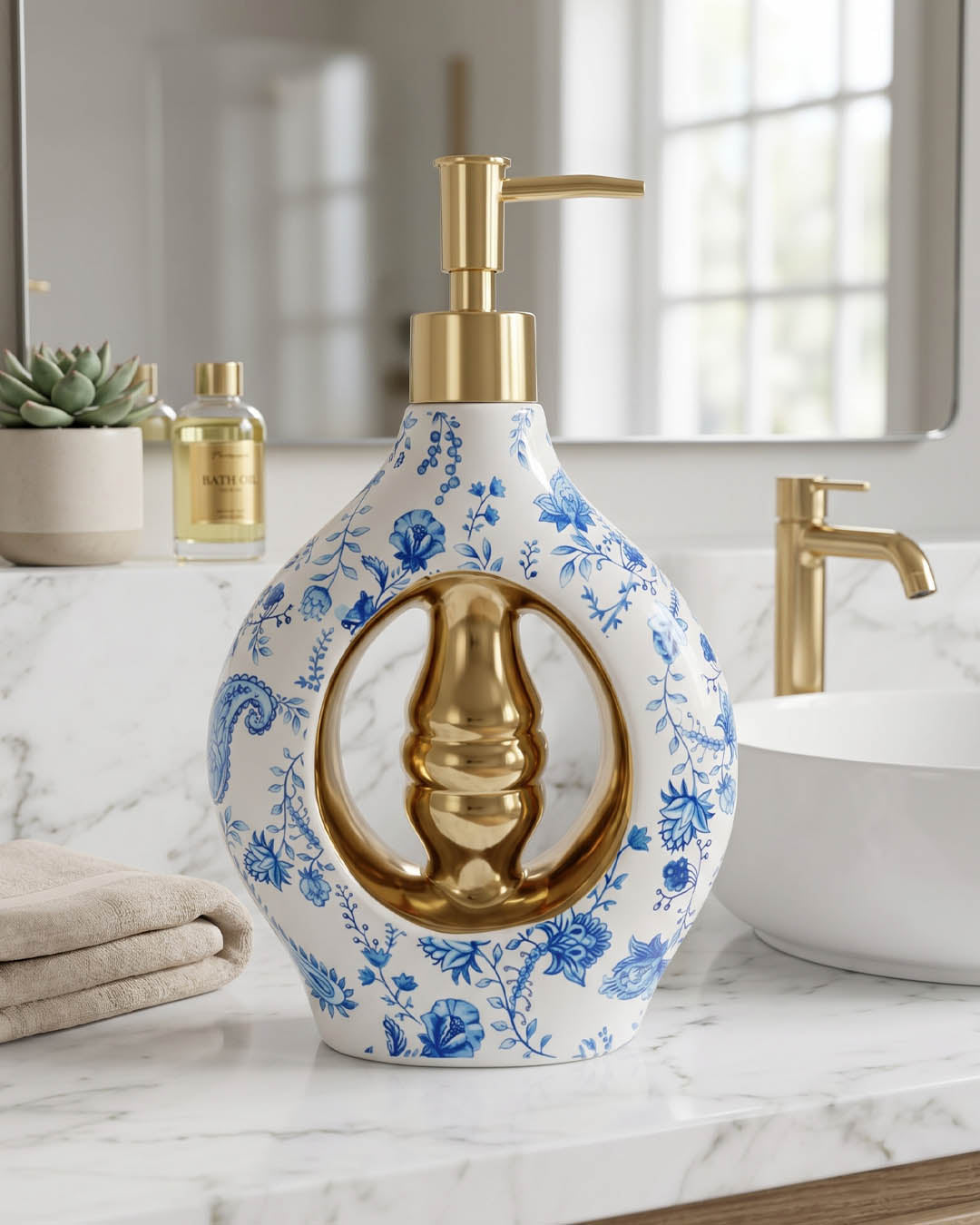 Gold Detaylı Oval Mavi-Beyaz Desenli Sıvı Sabunluk Yuvarlak 4502