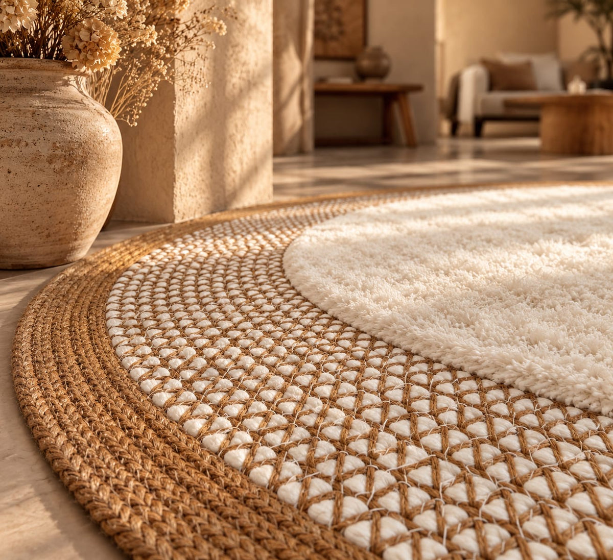 Doğal Lif Örgülü Peluş Dokulu Yuvarlak Dekoratif Halı Nil Tarçın 100x100