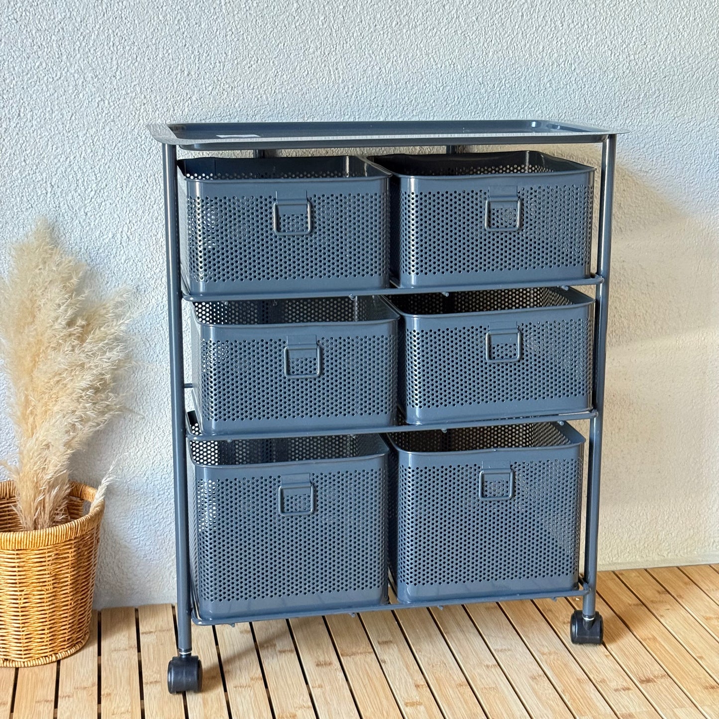 Evanev 3 Katlı Açılır Kapanır 6 Çekmeçeli Tekerlekli Kare Ferforje Sebzelik Gri KOD:1059T