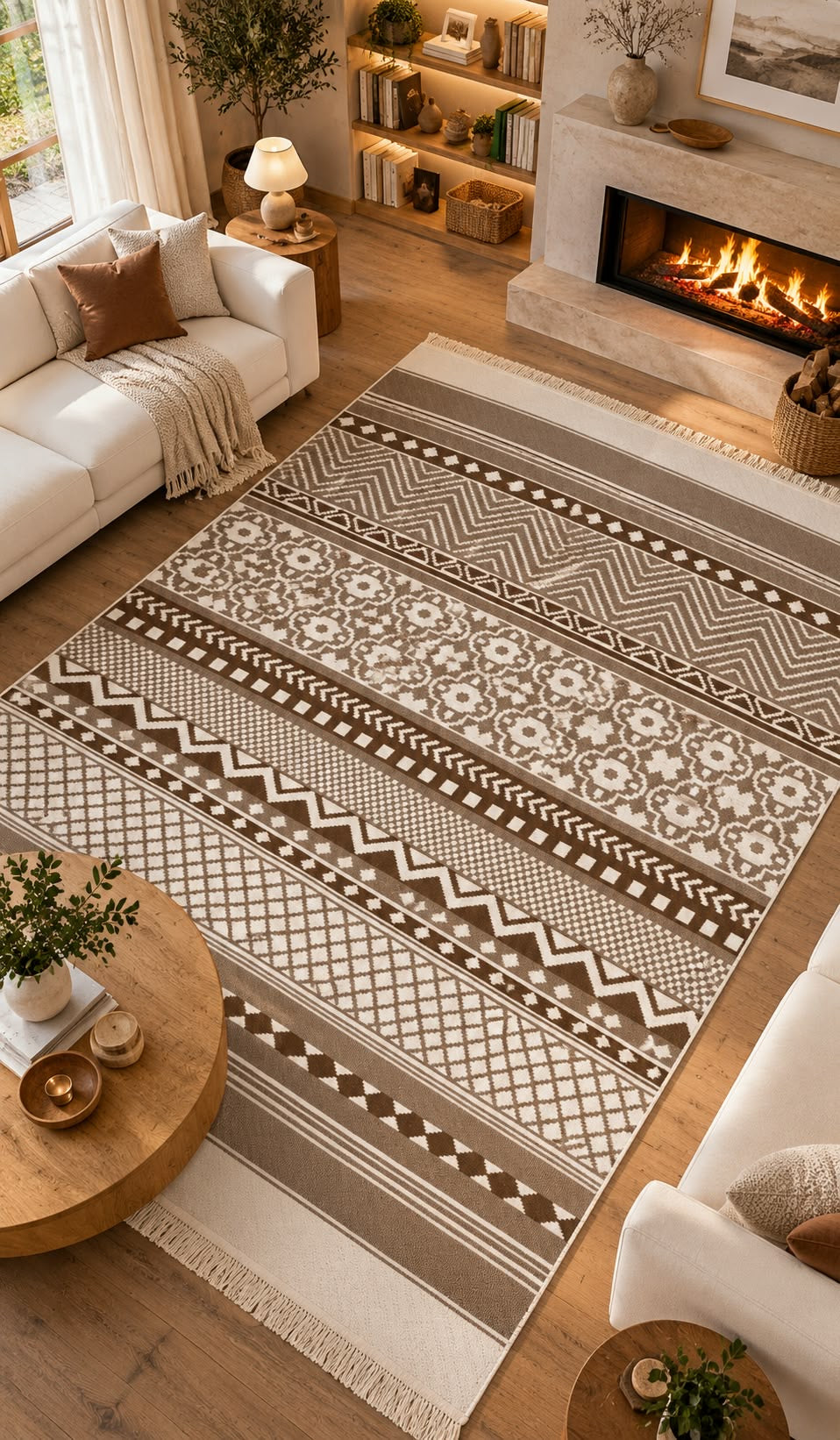 İskandinav Desenli Pamuklu Dokuma Kilim - Vizon Bej  Kilim (120x180 cm)