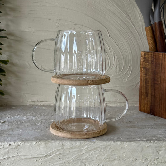 Tutku Bambu Standlı Borosilikat Cam İkili Kupa Seti Çizgili Tombul Model