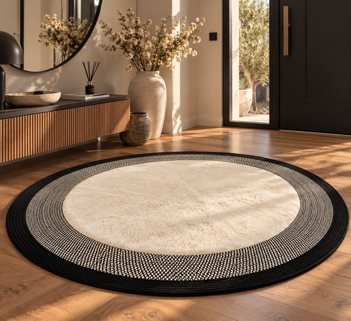 Doğal Lif Örgülü Peluş Dokulu Yuvarlak Dekoratif Halı Nil Siyah 100x100