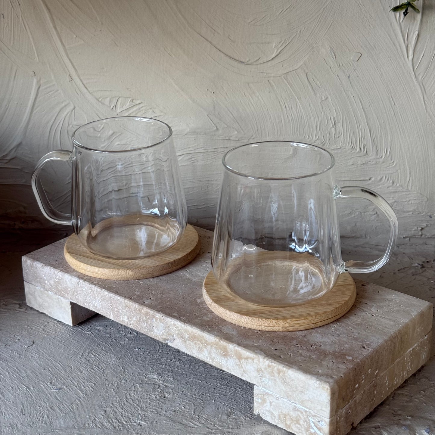 Tutku Bambu Standlı Borosilikat Cam İkili Kupa Seti Çizgili Model