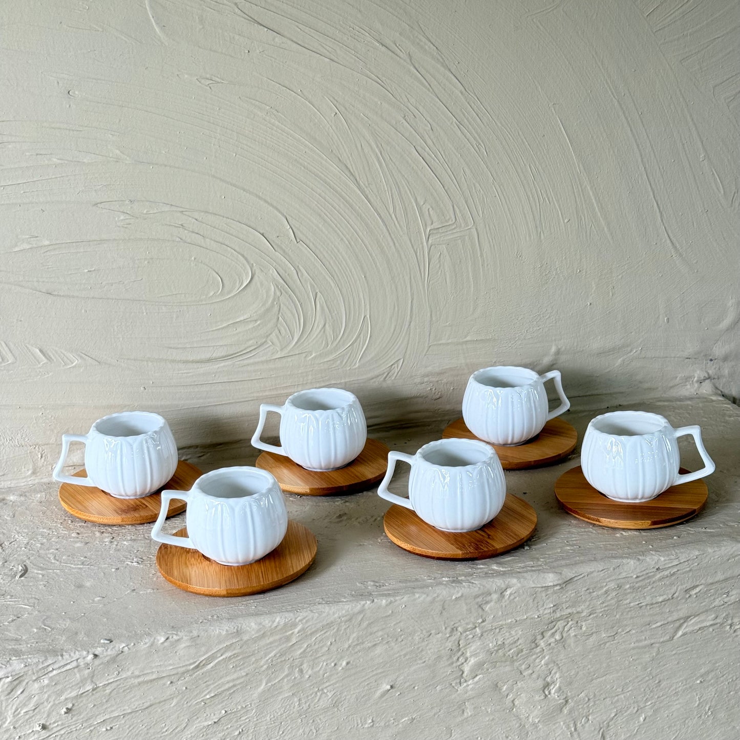 KRD Bambu Altlık Porselen Kahve Fincan Takımı Seti Tombul Model 6 Kişilik
