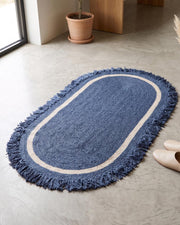 Tuuli Natural Halka Desenli El Dokuma Jüt Oval Halı – Premium Dekoratif Tasarım Mavi-Krem 80x150