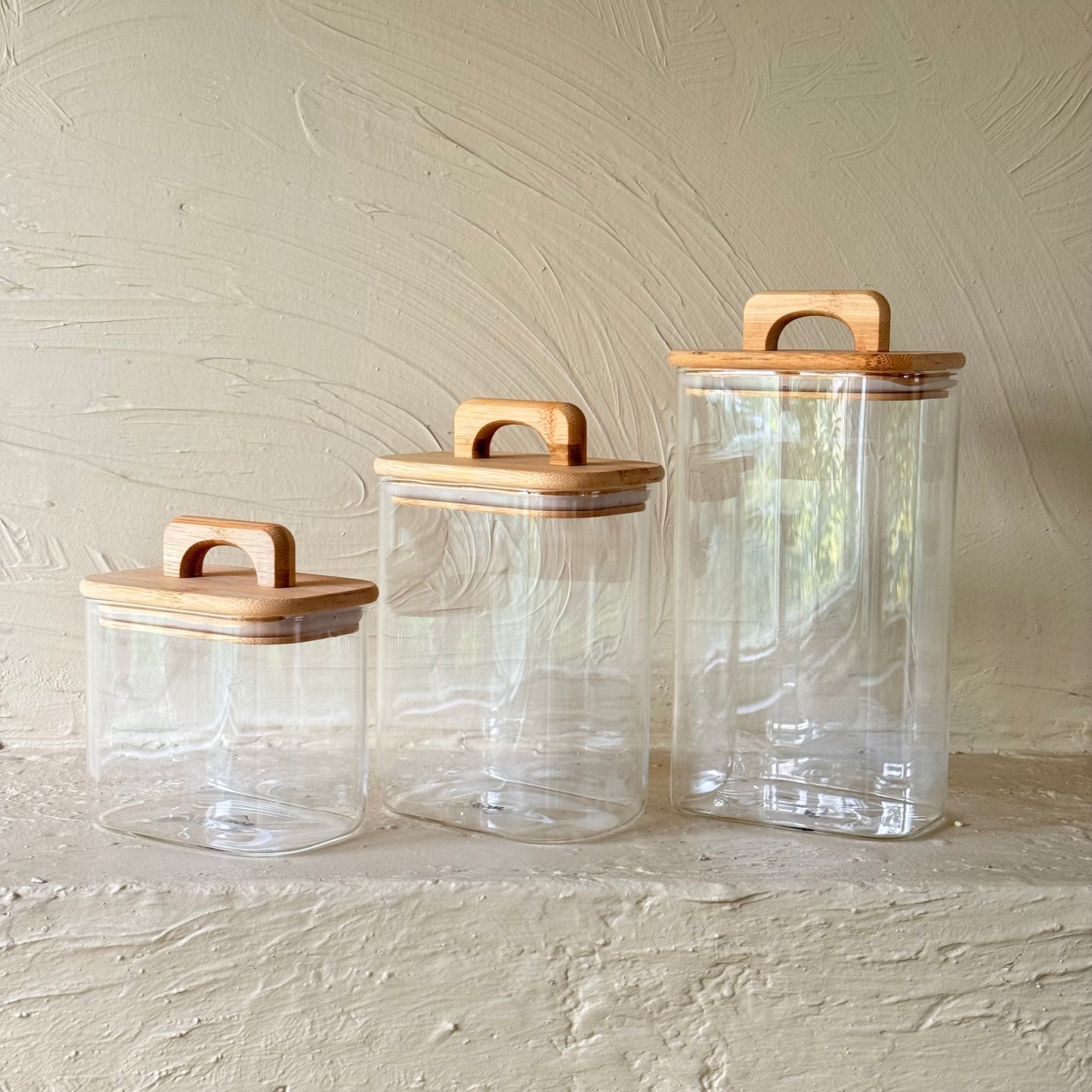 Buenos Dikdörtgen Model Akasya Ağacı Kapaklı 3 Boy Erzak Kavanoz Seti