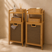 2 Adet Eva  Medusa Bambu Kirli Çamaşır Sepeti 2 Katlı Raf Banyo Dolabı 95x40x30 cm