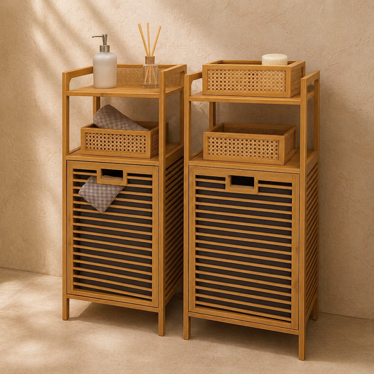 2 Adet Eva  Medusa Bambu Kirli Çamaşır Sepeti 2 Katlı Raf Banyo Dolabı 95x40x30 cm