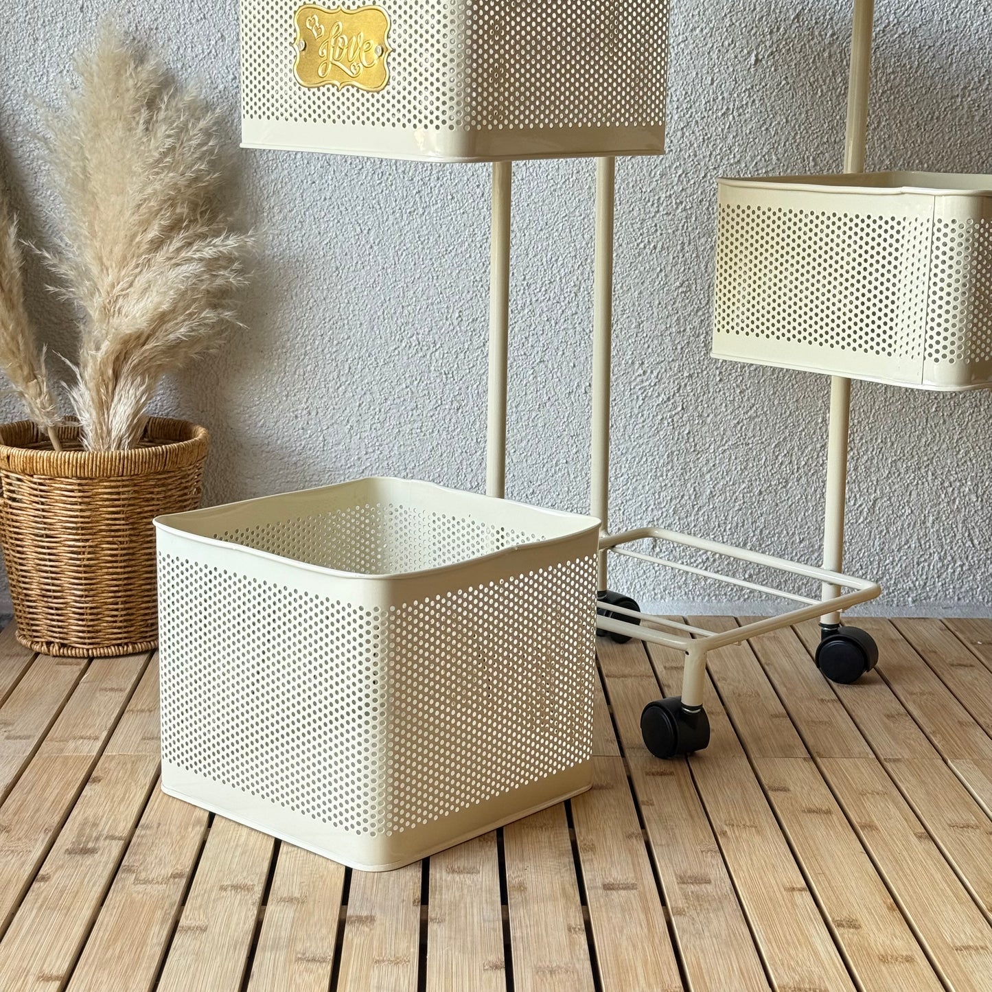 Evanev 3 Katlı Açılır Kapanır Tekerlikli Kare Ferforje Sebzelik Krem KOD:1058K