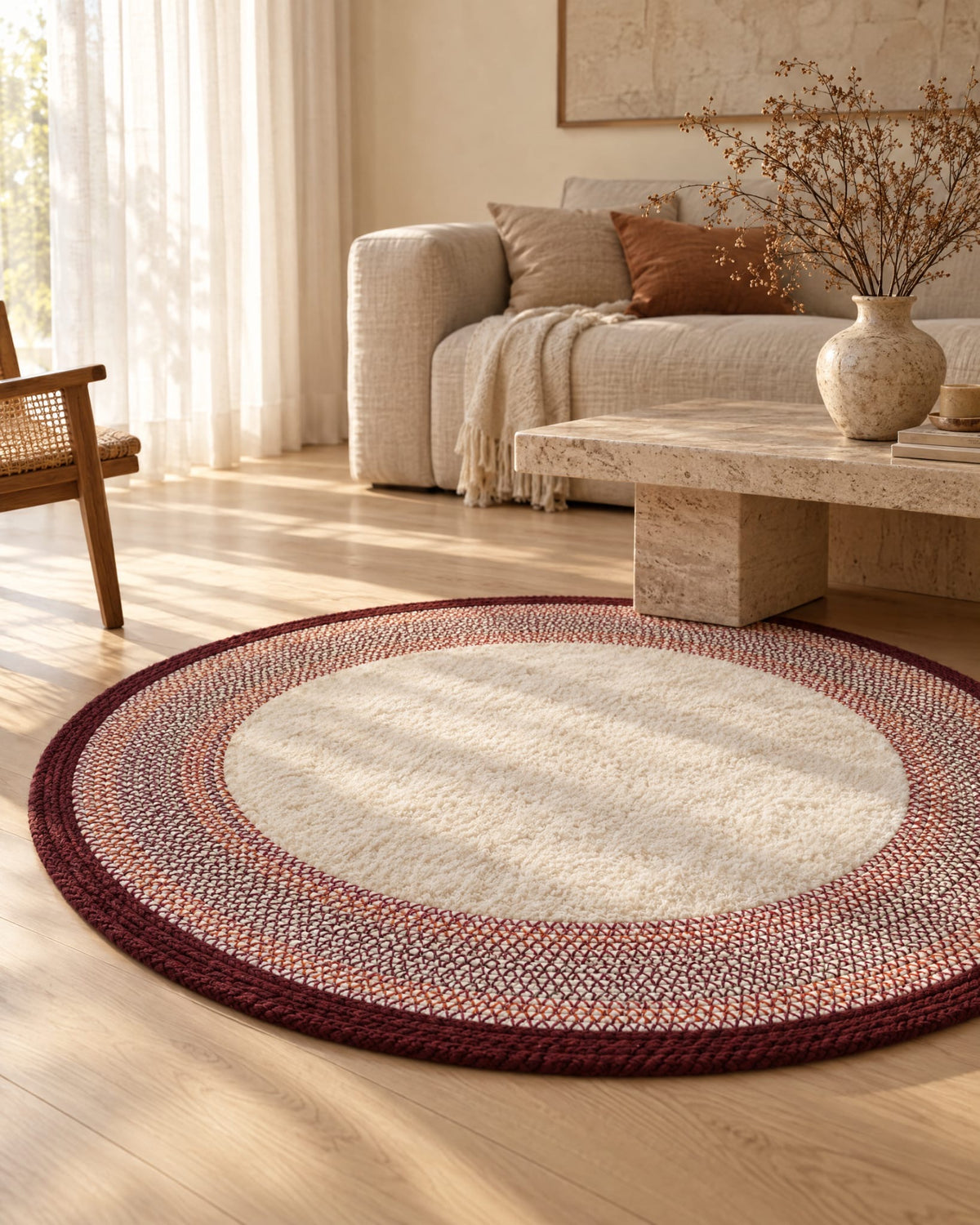 Doğal Lif Örgülü Peluş Dokulu Yuvarlak Dekoratif Halı Nil Bordo 100x100