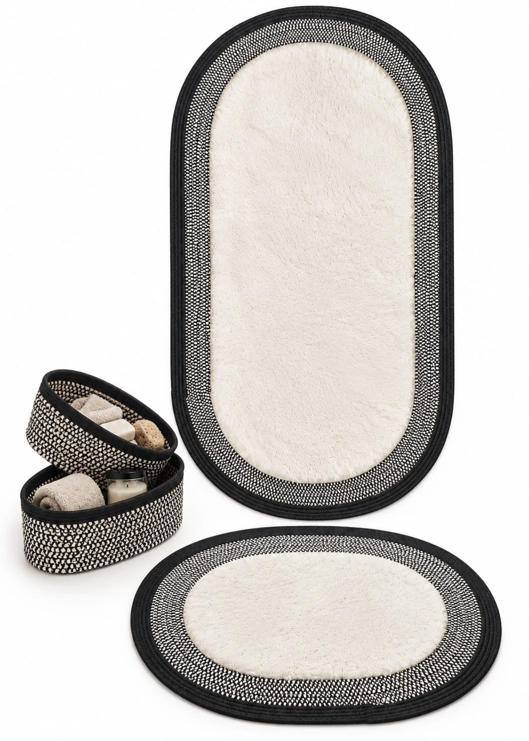 LuxeOval Siyah-Krem Peluş Banyo Paspas ve Hasır Organizer 4’lü Seti | Modern & Skandinav Tasarım