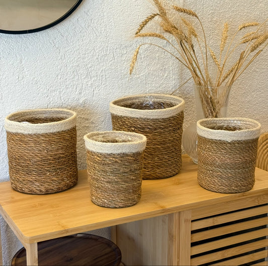 SVR Hasır Krem Çizgili 4 Boy Saksı Sepet Seti