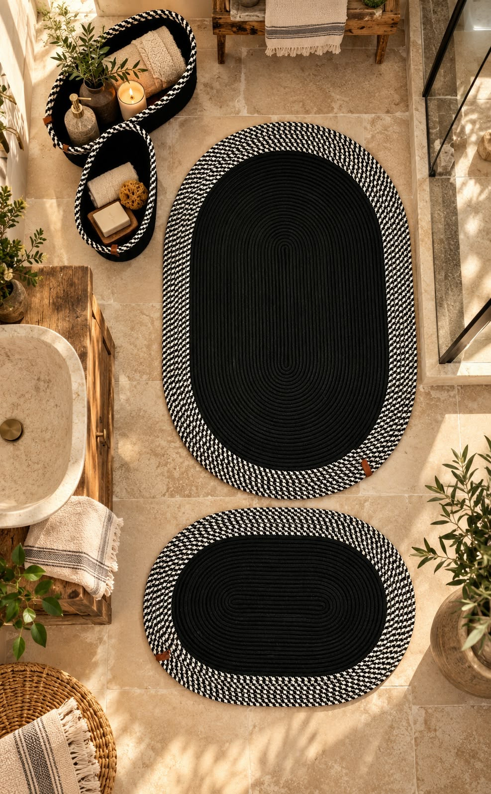 Lüks Örme Halat 4’ lü Banyo Paspas Seti ve Organizer Sepet