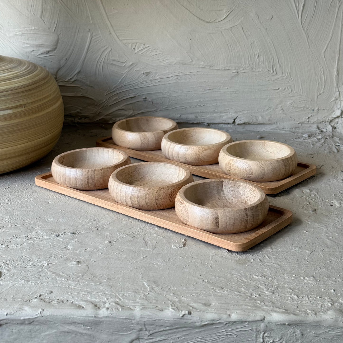 1 ALANA 1 BEDAVA Miev Bambu Standlı 3'Lü Yuvarlak Çerezlik Sosluk Seti KOD:399