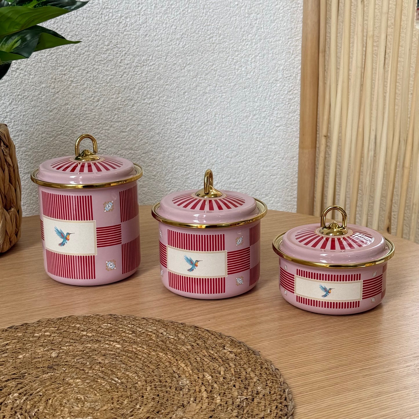 Pashally Emaye Kuş Desenli 3 Boy Kavanoz Seti  Pembe-KırmıI KOD:0472