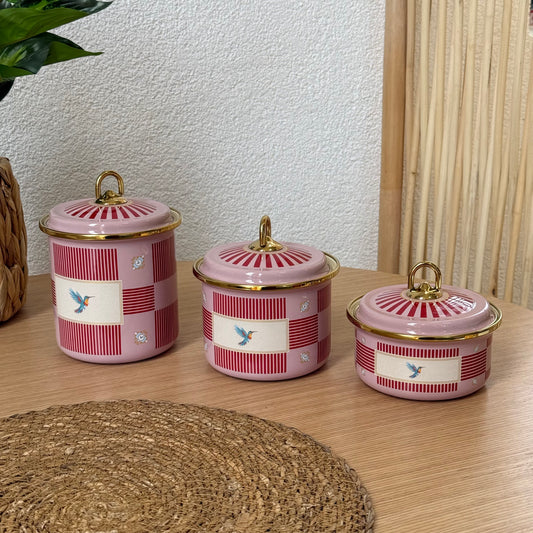 Pashally Emaye Kuş Desenli 3 Boy Kavanoz Seti  Pembe-KırmıI KOD:0472