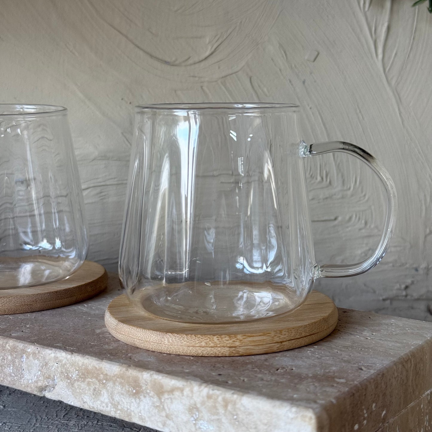 Tutku Bambu Standlı Borosilikat Cam İkili Kupa Seti Çizgili Model