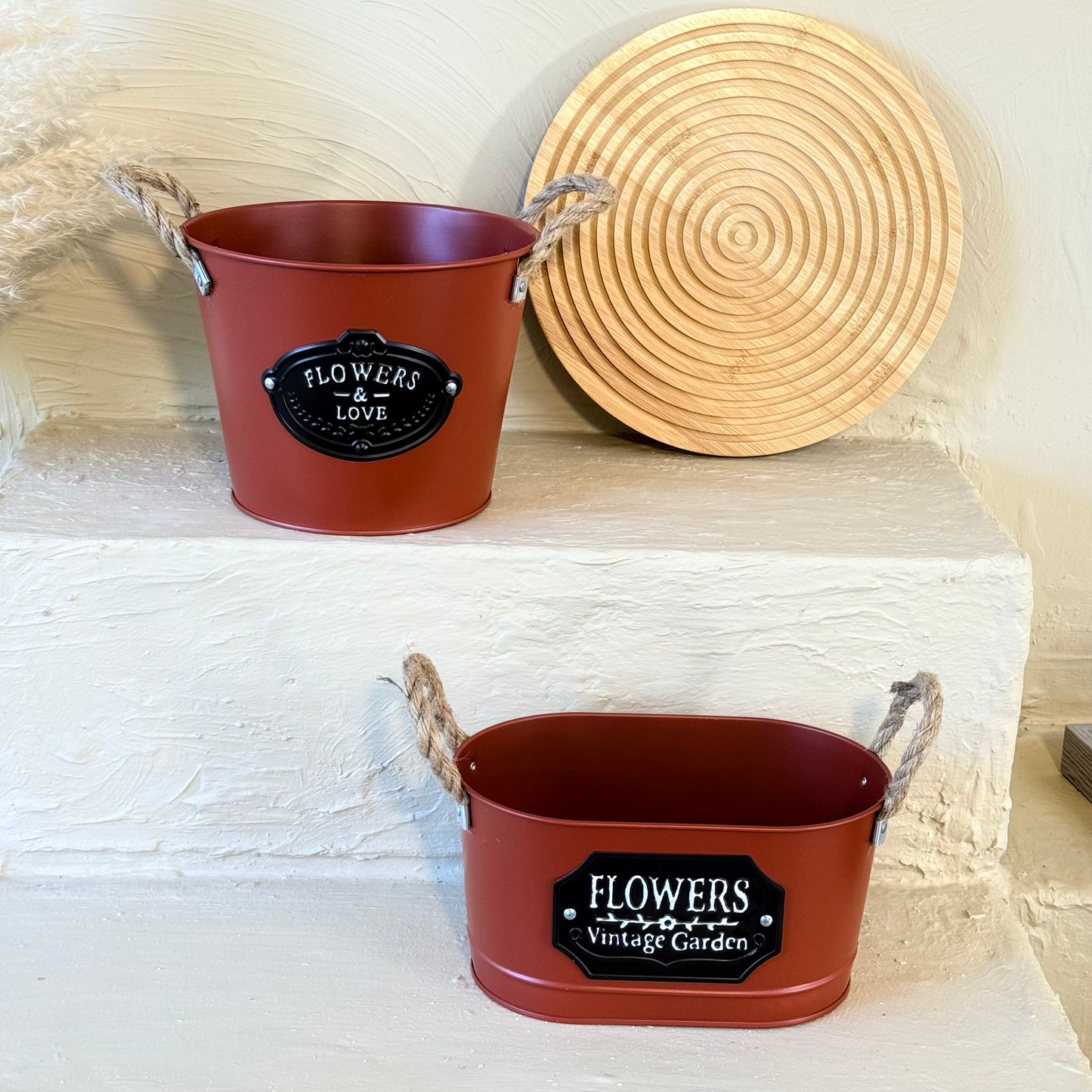 Tutku Halat Kulplu Metal İki Boy Vintage Saksı Bordo KOD:3455-54