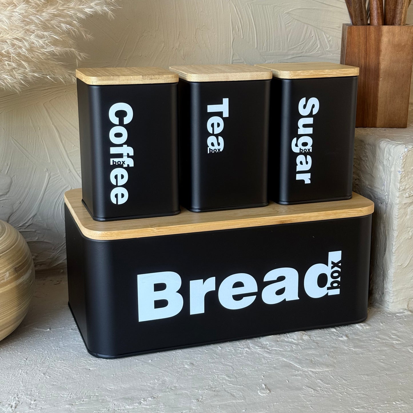 Vintage Bambu Kapaklı Ekmeklik Kavanoz Seti Siyah KOD:345