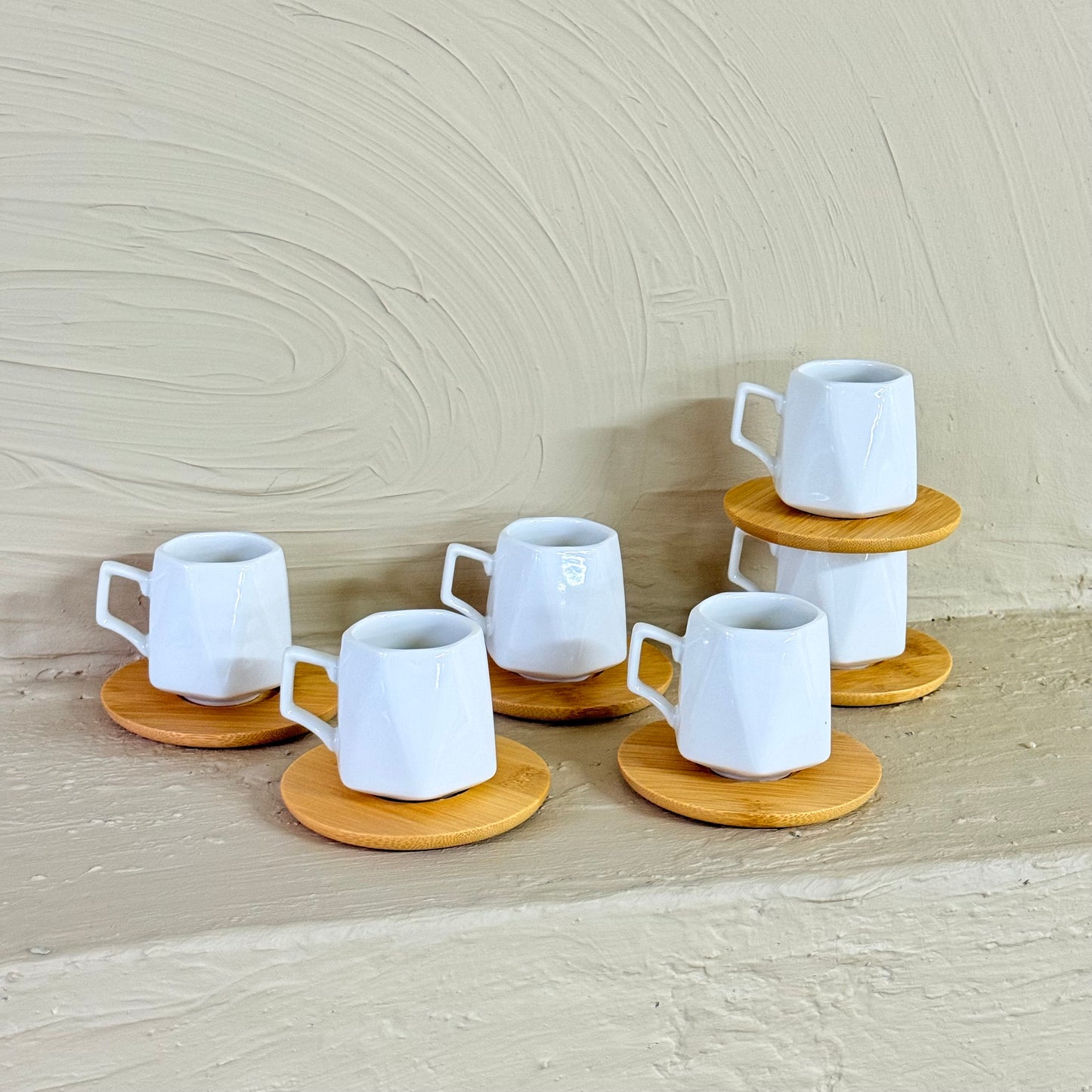 KRD Bambu Altlık Porselen Kahve Fincan Takımı Seti Prizma Model 6 Kişilik