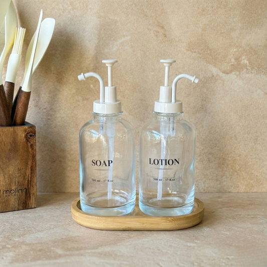 Arow Angel Model Yuvarlak Bambu Oval Standlı İkili Sıvı Sabunluk Seti Krem KOD:1016