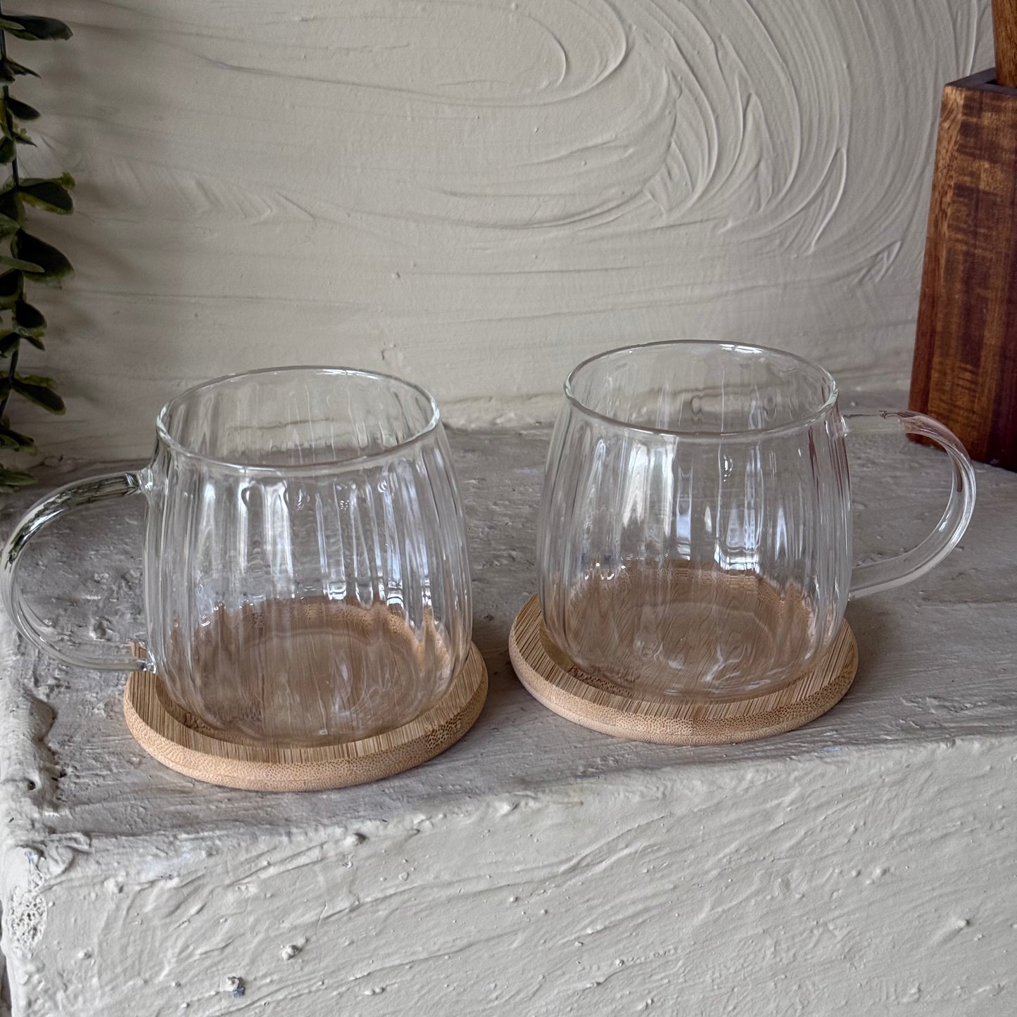 Tutku Bambu Standlı Borosilikat Cam İkili Kupa Seti Çizgili Tombul Model
