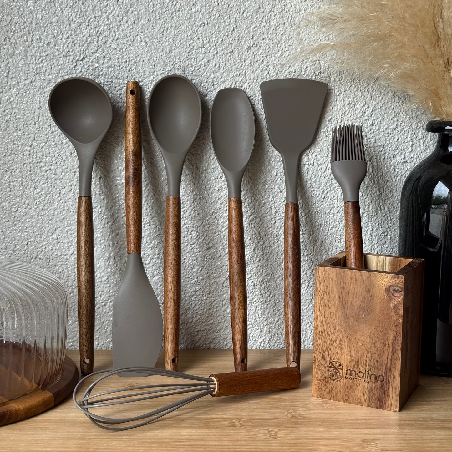 Molino Akasya Ağacı Standlı Silikon Mutfak Seti 8 Parça Bej